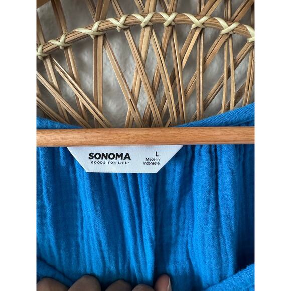 Sonoma Blue Gauze Muslin Flowy Dress/Tunic w/ Waist Belt Tie Pockets Sz LARGE - Picture 7 of 11